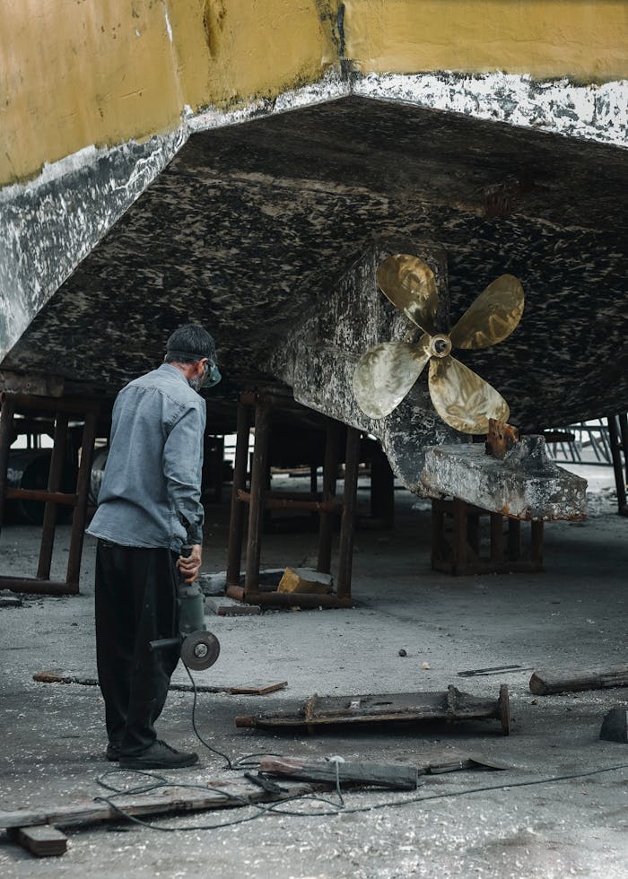shipyard worker with an angle grinder by the propeller of a ship in dry dock 11760944.jpeg